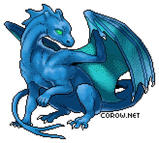A larger image of a small blue dragon resting on its haunches, with wings half-unfurled. It has a calm expression.