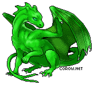 A larger image of a small green dragon resting on its haunches, with wings half-unfurled. It has a calm expression.