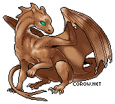 A small brown dragon resting on its haunches, with wings half-unfurled. It has a calm expression.