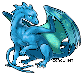 A small blue dragon resting on its haunches, with wings half-unfurled. It has a calm expression.
