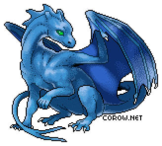A larger image of a small blue dragon resting on its haunches, with wings half-unfurled. It has a calm expression.