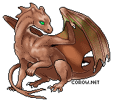 A small brown dragon resting on its haunches, with wings half-unfurled. It has a calm expression.