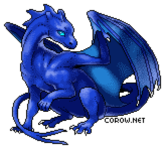 A larger image of a small blue dragon resting on its haunches, with wings half-unfurled. It has a calm expression.