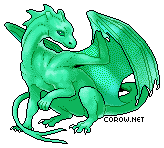 A small green dragon resting on its haunches, with wings half-unfurled. It has a calm expression.
