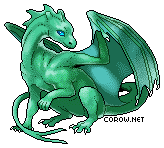 A small green dragon resting on its haunches, with wings half-unfurled. It has a calm expression.