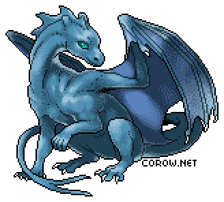 A larger image of a small blue dragon resting on its haunches, with wings half-unfurled. It has a calm expression.