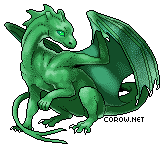 A small green dragon resting on its haunches, with wings half-unfurled. It has a calm expression.