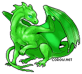 A small green dragon resting on its haunches, with wings half-unfurled. It has a calm expression.