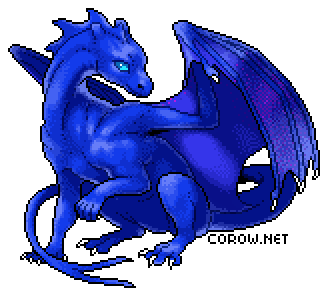 A larger image of a small blue dragon resting on its haunches, with wings half-unfurled. It has a calm expression.