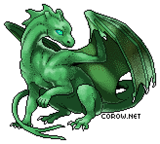 A larger image of a small green dragon resting on its haunches, with wings half-unfurled. It has a calm expression.