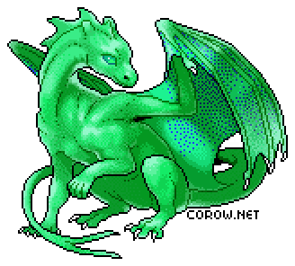 A larger image of a small green dragon resting on its haunches, with wings half-unfurled. It has a calm expression.