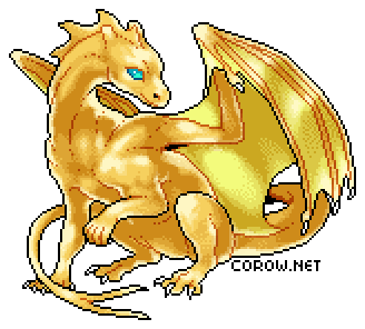 A larger image of a small gold dragon resting on its haunches, with wings half-unfurled. It has a calm expression.