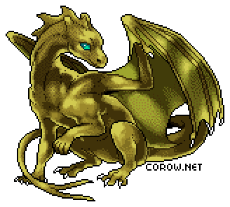 A larger image of a small bronze dragon resting on its haunches, with wings half-unfurled. It has a calm expression.