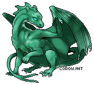 A larger image of a small green dragon resting on its haunches, with wings half-unfurled. It has a calm expression.