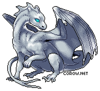 A larger image of a small white dragon resting on its haunches, with wings half-unfurled. It has a calm expression.