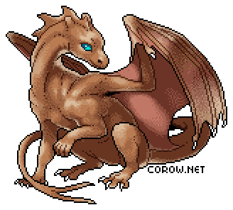 A larger image of a small brown dragon resting on its haunches, with wings half-unfurled. It has a calm expression.