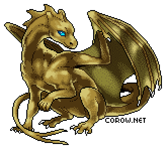 A larger image of a small bronze dragon resting on its haunches, with wings half-unfurled. It has a calm expression.