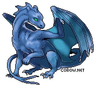 A larger image of a small blue dragon resting on its haunches, with wings half-unfurled. It has a calm expression.