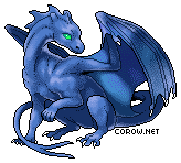 A small blue dragon resting on its haunches, with wings half-unfurled. It has a calm expression.