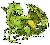 A small green dragon resting on its haunches, with wings half-unfurled. It has a calm expression.