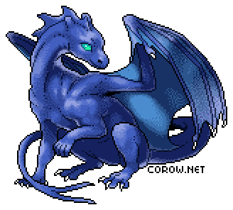 A larger image of a small blue dragon resting on its haunches, with wings half-unfurled. It has a calm expression.