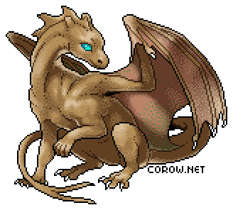 A larger image of a small brown dragon resting on its haunches, with wings half-unfurled. It has a calm expression.
