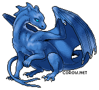 A larger image of a small blue dragon resting on its haunches, with wings half-unfurled. It has a calm expression.