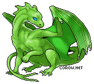 A larger image of a small green dragon resting on its haunches, with wings half-unfurled. It has a calm expression.