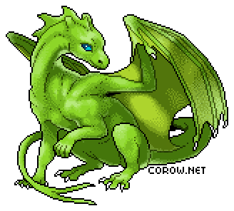A larger image of a small green dragon resting on its haunches, with wings half-unfurled. It has a calm expression.