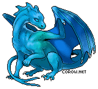 A larger image of a small blue dragon resting on its haunches, with wings half-unfurled. It has a calm expression.