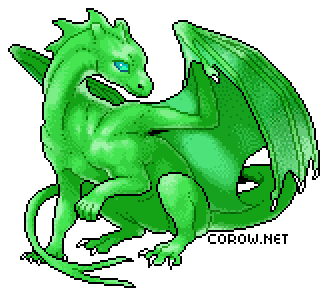 A larger image of a small green dragon resting on its haunches, with wings half-unfurled. It has a calm expression.