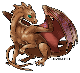 A small brown dragon resting on its haunches, with wings half-unfurled. It has a calm expression.