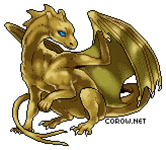 A larger image of a small bronze dragon resting on its haunches, with wings half-unfurled. It has a calm expression.