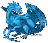 A small blue dragon resting on its haunches, with wings half-unfurled. It has a calm expression.