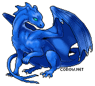 A larger image of a small blue dragon resting on its haunches, with wings half-unfurled. It has a calm expression.