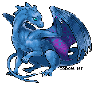 A larger image of a small blue dragon resting on its haunches, with wings half-unfurled. It has a calm expression.
