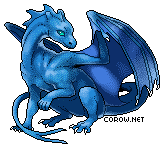 A larger image of a small blue dragon resting on its haunches, with wings half-unfurled. It has a calm expression.