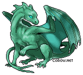 A larger image of a small green dragon resting on its haunches, with wings half-unfurled. It has a calm expression.