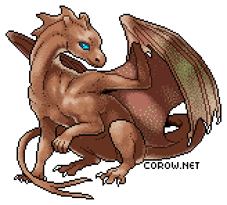 A larger image of a small brown dragon resting on its haunches, with wings half-unfurled. It has a calm expression.