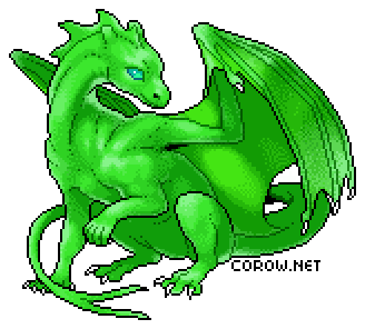 A larger image of a small green dragon resting on its haunches, with wings half-unfurled. It has a calm expression.