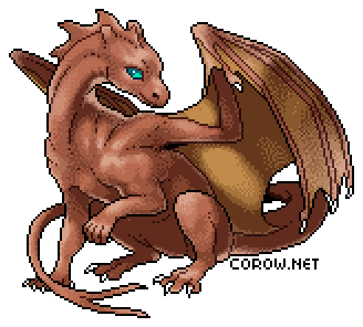 A larger image of a small brown dragon resting on its haunches, with wings half-unfurled. It has a calm expression.
