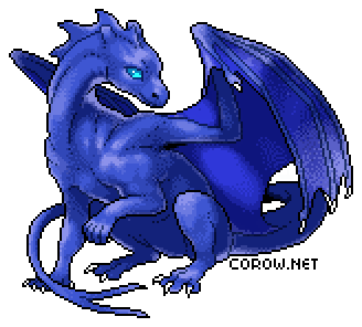 A larger image of a small blue dragon resting on its haunches, with wings half-unfurled. It has a calm expression.