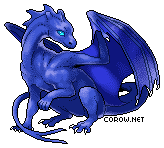 A small blue dragon resting on its haunches, with wings half-unfurled. It has a calm expression.