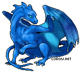 A small blue dragon resting on its haunches, with wings half-unfurled. It has a calm expression.
