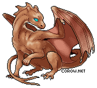 A larger image of a small brown dragon resting on its haunches, with wings half-unfurled. It has a calm expression.