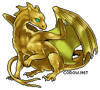 A larger image of a small bronze dragon resting on its haunches, with wings half-unfurled. It has a calm expression.