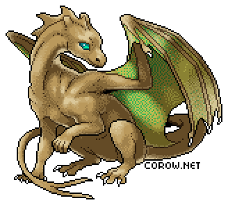 A larger image of a small brown dragon resting on its haunches, with wings half-unfurled. It has a calm expression.