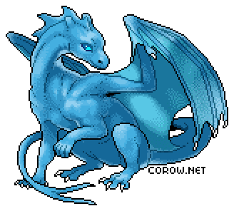A larger image of a small blue dragon resting on its haunches, with wings half-unfurled. It has a calm expression.