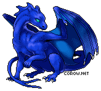 A larger image of a small blue dragon resting on its haunches, with wings half-unfurled. It has a calm expression.