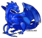 A small blue dragon resting on its haunches, with wings half-unfurled. It has a calm expression.